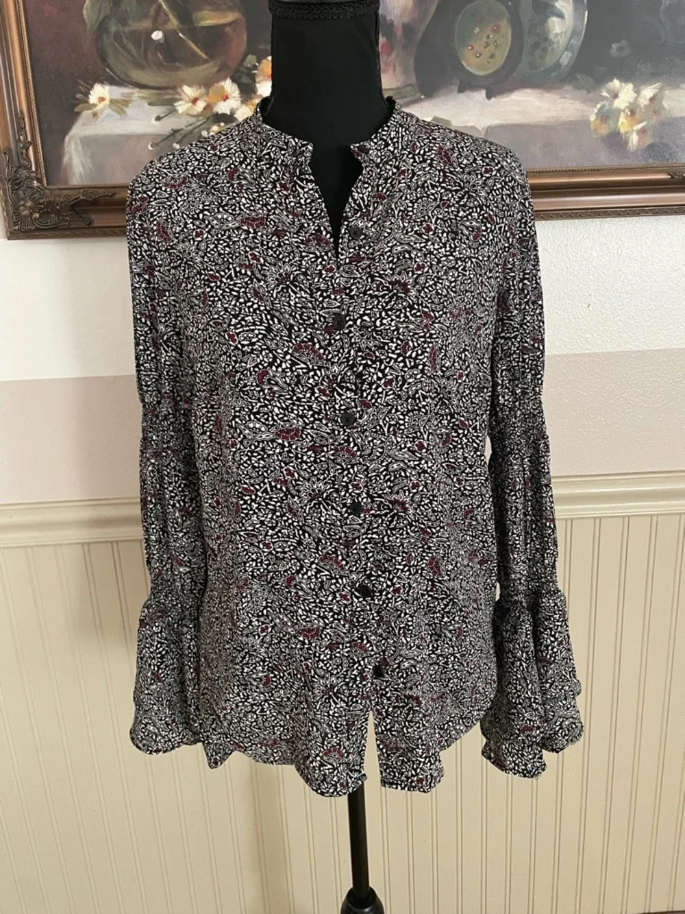 Michael Kors Womens Boho Ruffle Sleeve Button Up Shirt, Multicoloured, medium